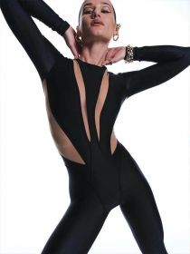 Round Neck Long Sleeve Patchwork Assorted Colors Long Jumpsuit (Option: S-Black)