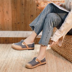 New Linen Shoes Women's Artistic Striped Color Matching (Option: Dark Blue-37)